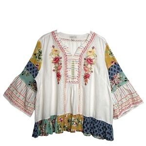 Coldwater Creek Top White Floral Embroidered Linen Blend Bell Sleeve Boho 3X